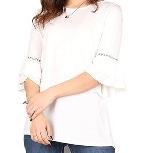 NWT Lildy Woman’s L-XL Soft White Crochet Accent 3/4 Bell Sleeve Tunic Blouse